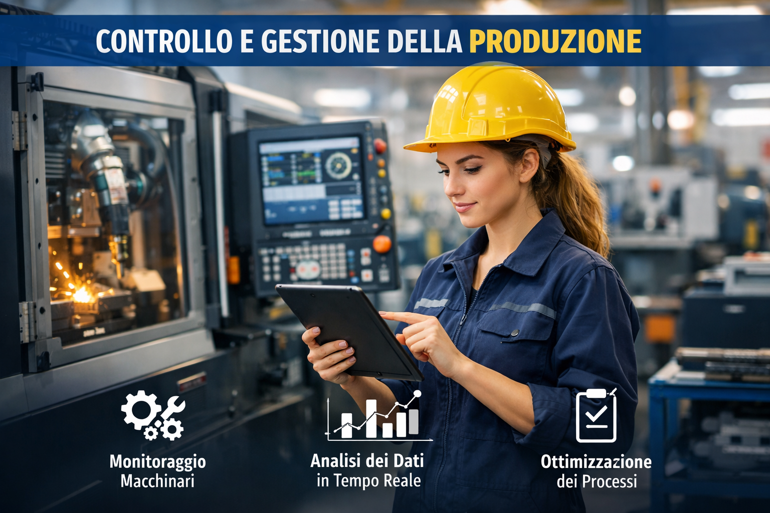 Operatrice in stabilimento utilizza un tablet collegato ai processi produttivi e ai dati macchina