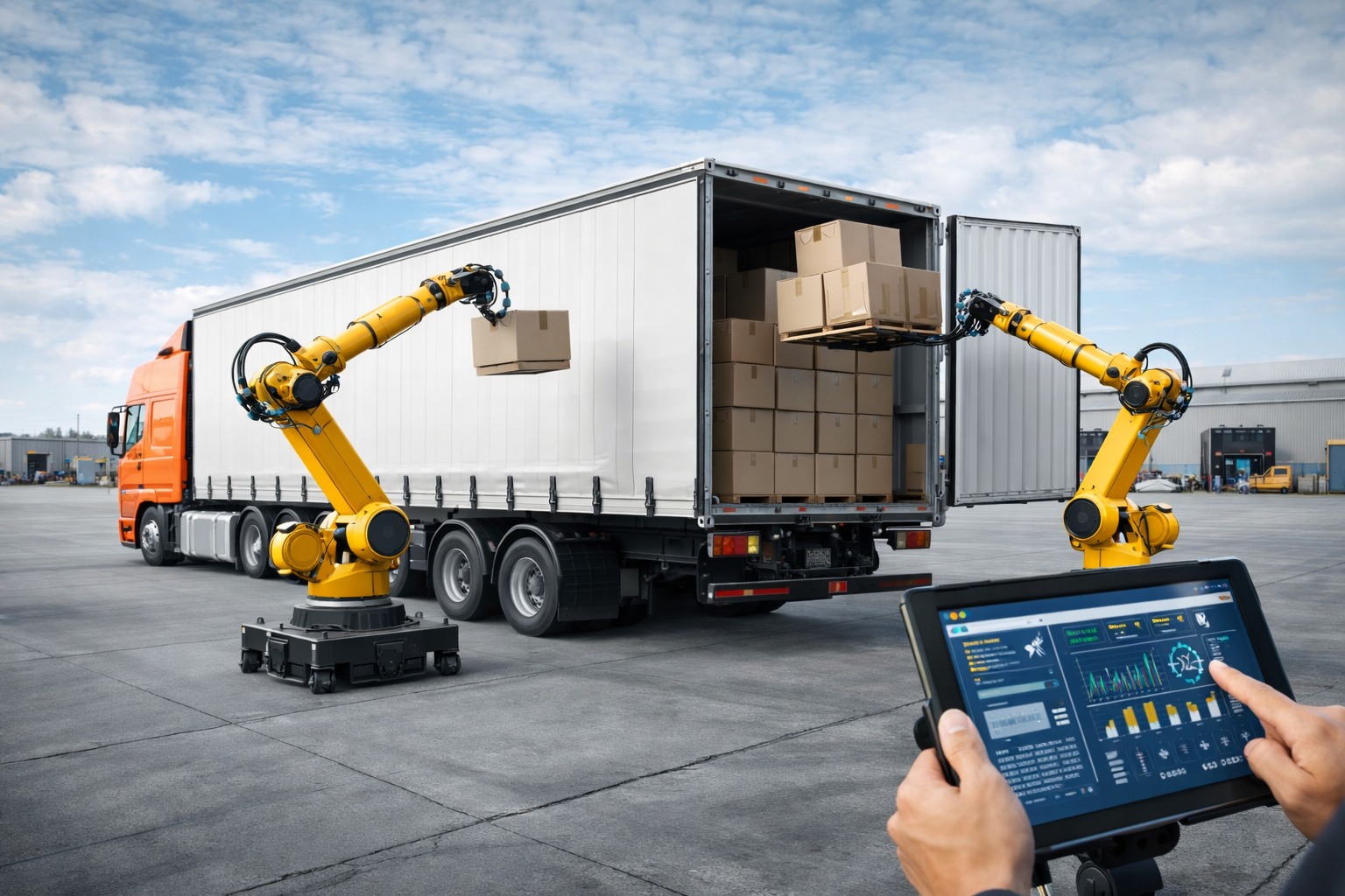 Mezzo in partenza per la consegna; packing list e documenti di spedizione verificati da tablet